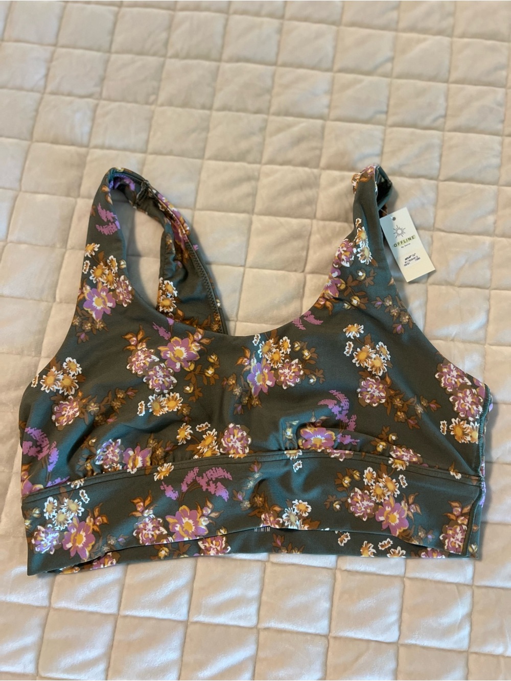 Offline by Aerie Olive Floral Scoop Bralette with Purple & Mustard Flowers